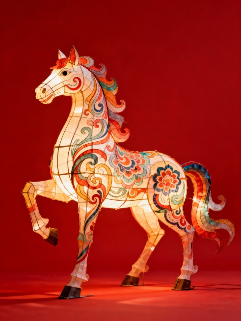 国风抽象风格，纸糊生肖马灯（全身呈现）；马儿姿态胸高气傲，尽显高傲优雅神韵，马身由柔美灵动的线条与层次分明的花纹组合而成，融入中国传统纹饰、敦煌纹元素；整体斑斓绚丽、美轮美奂；背景为纯红色预览效果