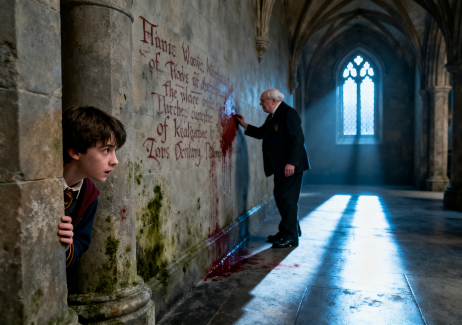 Hogwarts school corridor, Filch is pacing the spot where Mrs Norris was attacked, Harry watches Filc预览效果