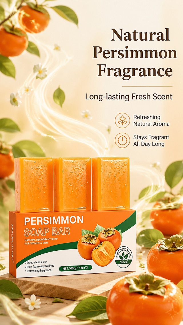 [第5屏] Fragrance experience introduction, highlight the natural fruit fragrance long-lasting feature. 本屏 uses 【图1】 as product subject.
[氛围/风格] Fresh natural atmosphere, warm healing style, highlight the fragrance experience.
[元素布局] The product packaging is located in the lower left center, accounting for about 60% of the screen. Ripe persimmon fruit and green leaf elements are scattered around the product, creating a natural fruit fragrance atmosphere. Light fragrance diffusion lines are added around to visualize the long-lasting fragrance.
[光影质感] Warm soft natural light, persimmon fruit and product present soft layering, the picture is warm and comfortable.
[配色色系] Global background #FFF6E9, main color persimmon orange, auxiliary color leaf green, text brown.
[视角构图] Diagonal composition, product in the lower left, aroma elements diffuse from product to upper right, dynamic sense.
[文字版式] Main title "Natural Persimmon Fragrance" in the upper right, subtitle "Long-lasting Fresh Scent" below. Two benefits below: Refreshing Natural Aroma, Stays Fragrant All Day Long. Text placed reasonably, does not block the product.
[比例分辨率] 9:16 vertical proportion, 4K resolution, clear text, high-definition picture quality.
[negative prompt] Product deformation, color deviation, text disorder, too many decorations blocking product, watermark