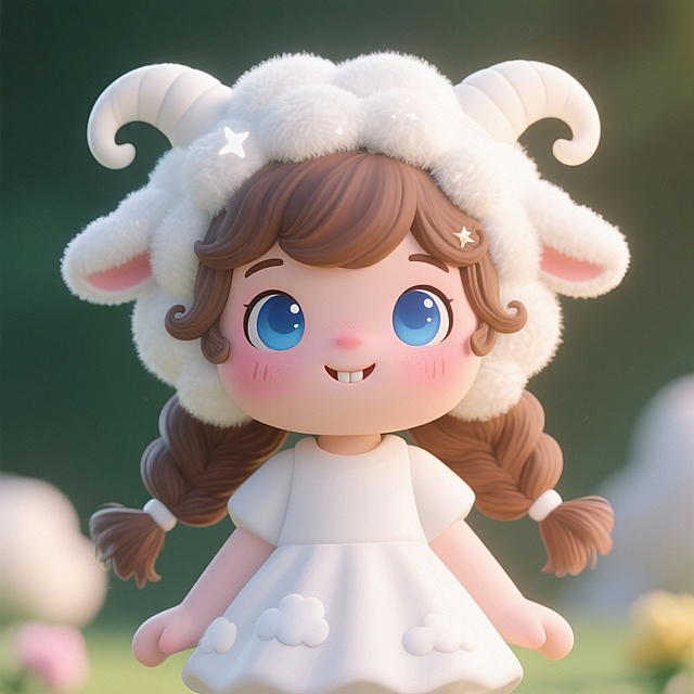 羊拟人白色双低马尾的IP形象，蓝色眼睛，卡通可爱