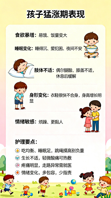 儿童科普图文海报，主题为孩子猛涨期知识科普。标题为'孩子猛涨期表现'，包含五个要点：食欲暴增：易饿、饭量变大；睡眠变化：睡得沉、爱犯困、夜间不安；肢体不适：偶尔腿酸、膝盖不适，休息后缓解；身形变化：衣预览效果