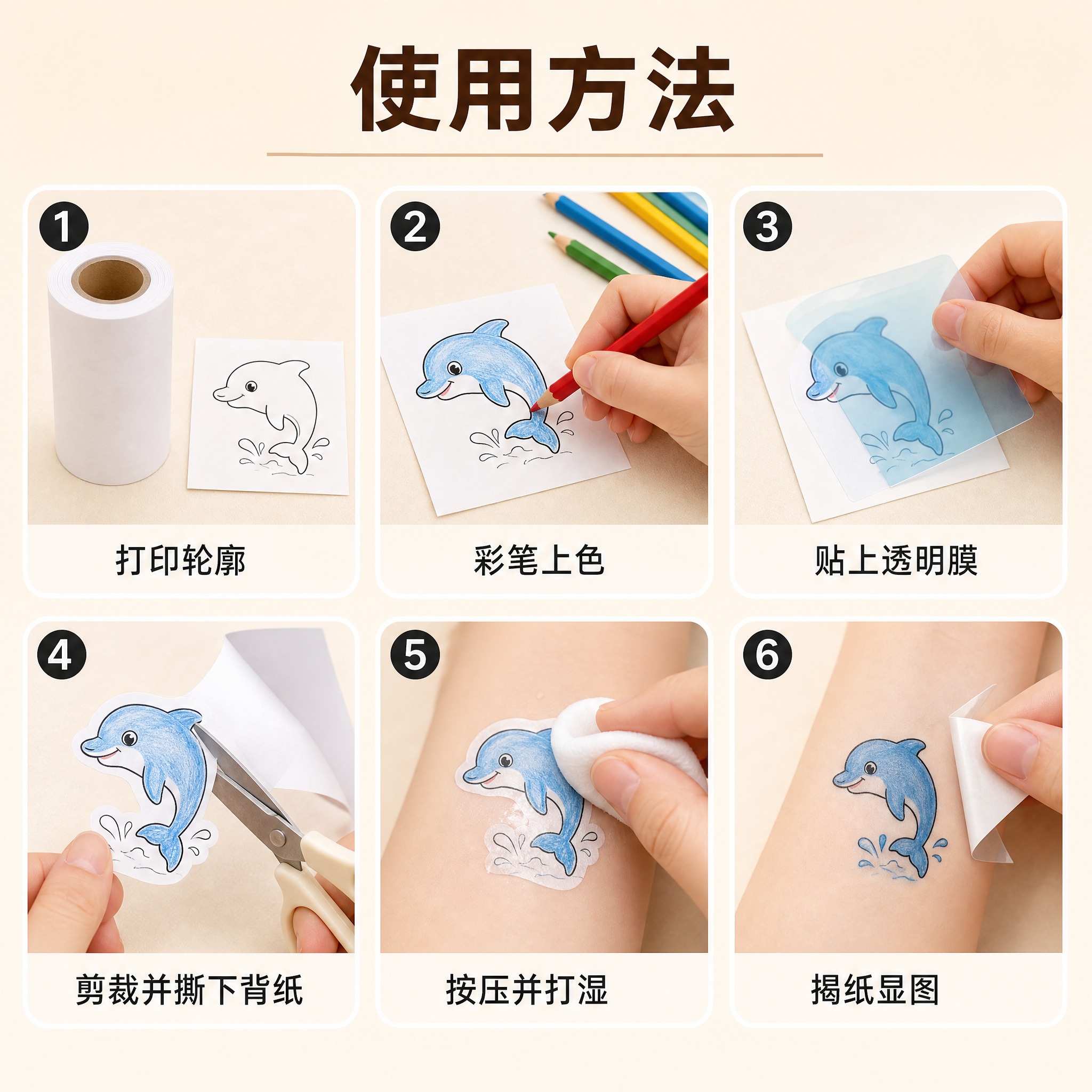 淘宝天猫电商主图，1:1正方形，水转印纹身贴使用方法教程信息图… - 图片创意预览