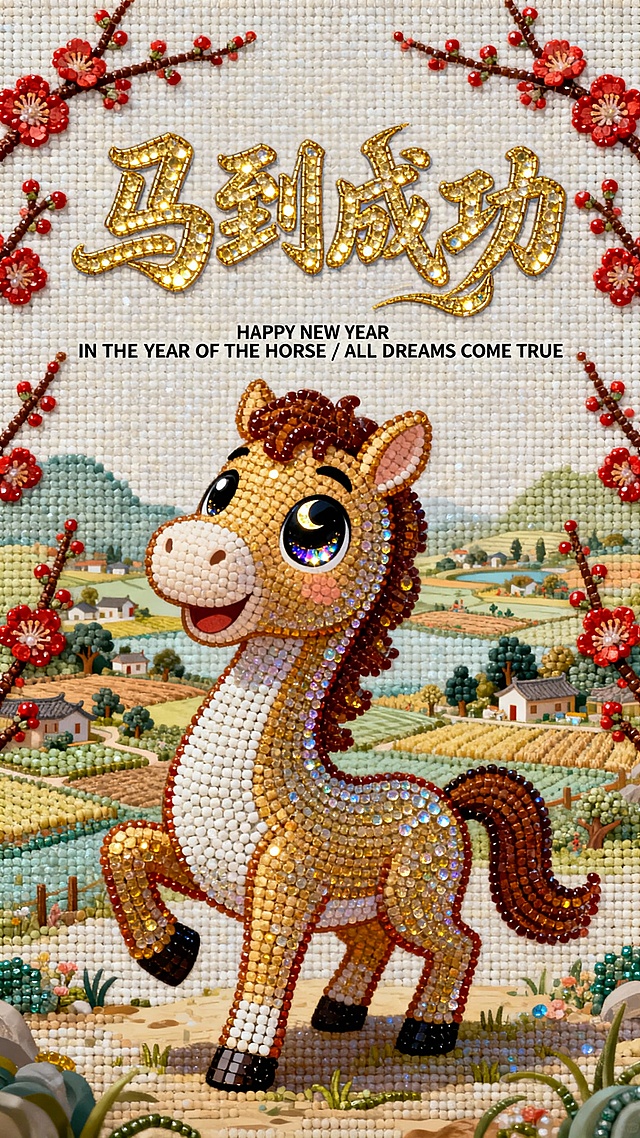 画面主体位于正中央，是一只卡通骏马角色（身体造型灵动俏皮，呈流畅的流线状，拥有昂扬的脖颈，面部表情活泼讨喜：两只黑亮的大眼睛里反射着月牙形状的亮光）。背景环境是融合了国潮风格的微缩田园盛景。两侧朱红色梅花枝丫作为边框。画面顶部占据视觉中心的是巨大的金色汉字标题“马到成功”。字体设计采用极具韵味的飘逸行书美术字，字形向正上方舒展，呈现出洒脱感和豪迈感。标题正下方紧贴着一行极细小的全大写无衬线英文说明：“HAPPY NEW YEAR IN THE YEAR OF THE HORSE / ALL DREAMS COME TRUE”