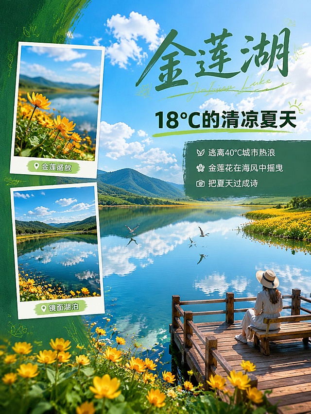 [第5屏] 详情页-金莲湖景点介绍。本屏使用【图1】作为风格参考，提取自然清新旅游风、深绿草绿主色调、手写体+粗黑体标题、图文拼贴版式的设计语言。
[氛围/风格] 清凉静谧湖泊风，夏日避暑氛围，实景风景摄影质感。
[元素布局] 画面主体为镜面般平静的金莲湖，湖水清澈湛蓝，倒映着天空、白云和岸边的金莲花海；湖岸边大片金莲花盛开，金黄一片；远处是绿色山丘和蓝天白云；湖面上有几只水鸟掠过；前景有木质观景平台延伸至湖边，一位游客坐在平台上发呆看湖。左侧叠加2张小图（一张湖边金莲花特写、一张湖面倒影）竖排拼贴。
[光影质感] 上午柔和光线，湖面如镜，倒影清晰，金莲花被阳光照亮呈金黄色，整体清凉通透。
[配色色系] 全局底色深绿#1B4D3E渐变至湖蓝；主色深绿、草绿；辅助色湖蓝、天蓝、金黄、米白。
[视角构图] 平视，湖面为视觉中心，阅读动线从右上标题 → 中部湖泊主体 → 左侧小图。
[文字版式] 版式为右上标题区+中部大场景+左侧小图拼贴。主标题「金莲湖」手写体大字，下方粗黑体副标题「18℃的清凉夏天」；再下方正文短句：「逃离40℃城市热浪」「金莲花在海风中摇曳」「把夏天过成诗」。文字区在右下半透明深绿色块上，白色字体，清晰可读。左侧小图下方配小字标签：「金莲盛放」「镜面湖泊」。
[比例分辨率] 3:4竖版比例，4K分辨率，文字清晰可辨，高清画质。
[负向提示词] 变形，水印，文字错乱，文字过小，湖面不真实，人物变形，颜色偏差，画面模糊。