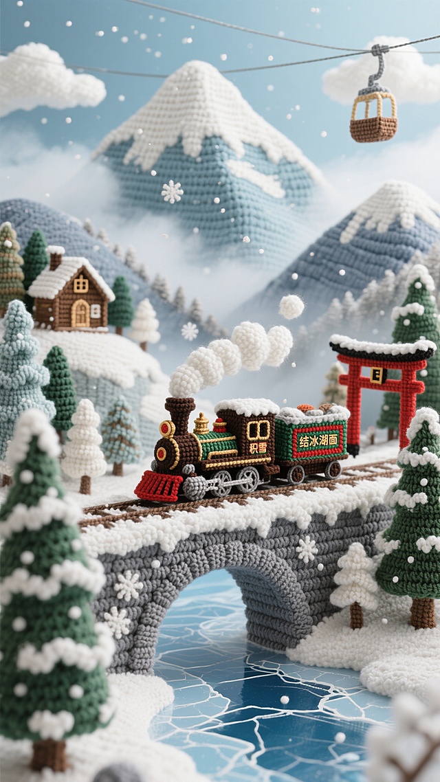 超精细手工钩针编织风格的世界冬季旅游景点全景，以深棕、红绿彩纹相间的复古蒸汽火车为视觉中心，行驶在覆盖着蓬松白色钩针"积雪"的灰色石拱桥上，桥下是蓝白交错、带有裂纹纹理的钩针"结冰湖面"。火车周围环绕着不同形态的钩针常青树，顶部点缀白色"积雪"，背景是层叠的钩针编织雪山，山顶覆盖厚实"白雪"，山间飘荡着云朵状钩针"雾气"。场景中巧妙融入世界各地标志性冬季景观元素：左侧远处可见钩针编织的北欧风格尖顶小木屋，右侧隐约呈现日式鸟居轮廓，近处增添象征阿尔卑斯山的钩针缆车细节，整体画面通过毛线的质感和立体感营造出温暖、梦幻的冬日氛围，所有元素保持一致的手工编织纹理和饱满的色彩过渡，雪花以细小的白色钩针颗粒点缀其间，形成层次分明、充满童趣的冬季旅游胜地全景图。