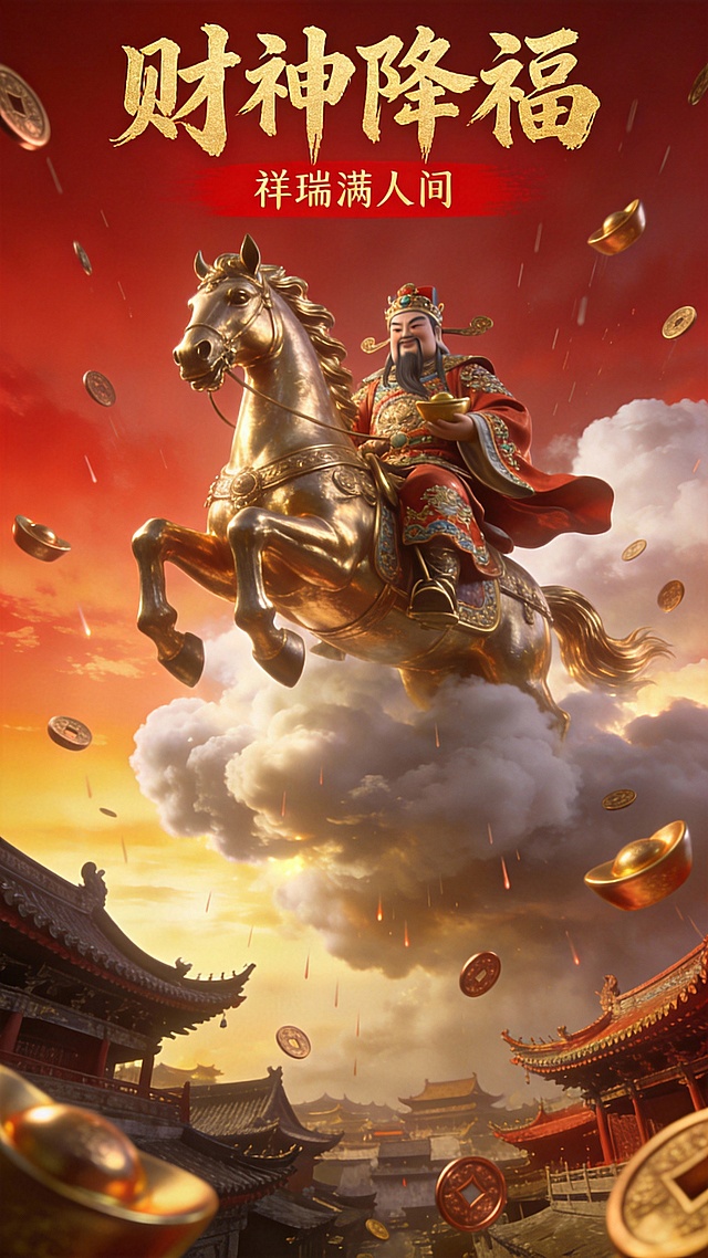宏伟大气海报，财神骑金色骏马从云中降临，下方是古代城镇屋顶，仰视视角，天空朝霞渐变红金色，元宝和铜钱如雨洒落，3D渲染，电影光影，中国风奇幻风格，细节极度精致，8K分辨率，商业插画 --ar 9:16
