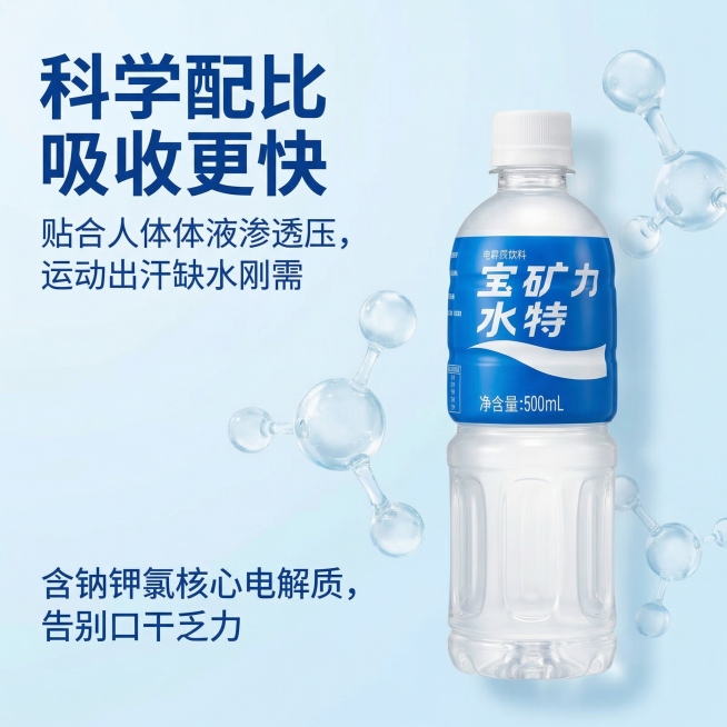 [主图 2]宝矿力电解质水功效卖点展示
[氛围/风格]专业健康，清晰通透，突出产品补水功效
[画面元素]保留原图宝矿力产品外观，产品放置右侧，背景为干净清爽浅蓝色，搭配淡色水分子元素点缀，整体无边框满预览效果