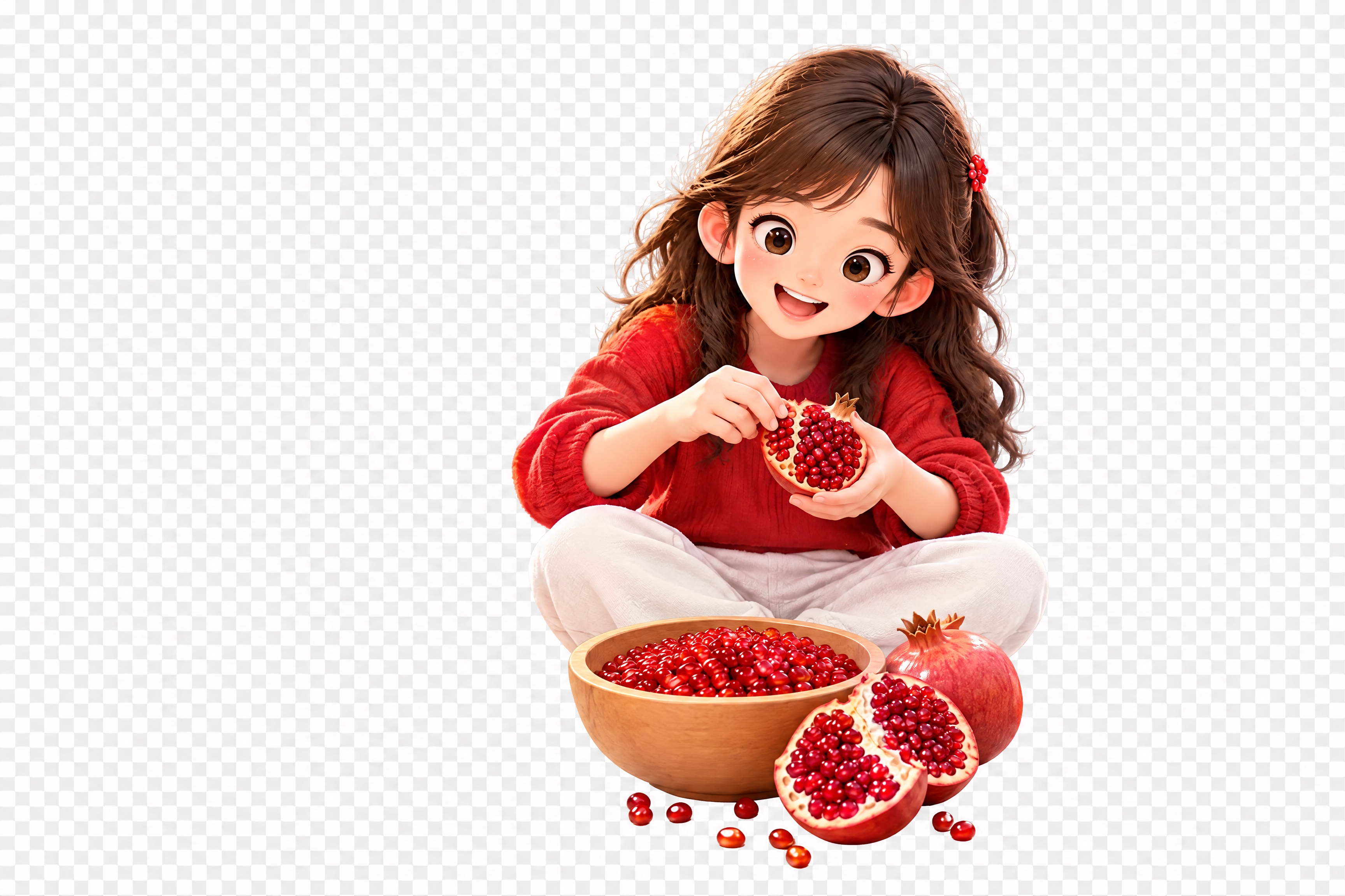 保留原图右侧穿红色上衣的小女孩完整形象，包括她手中的石榴、身前… - 图片创意预览