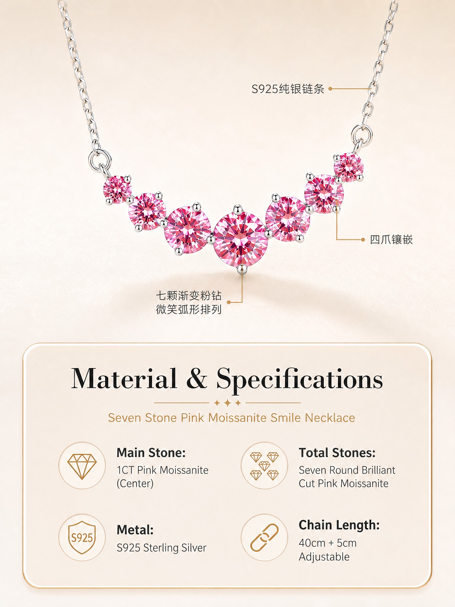 [商品] 使用【图1】S925纯银七颗粉莫桑钻微笑项链；保留七… - 图片创意预览