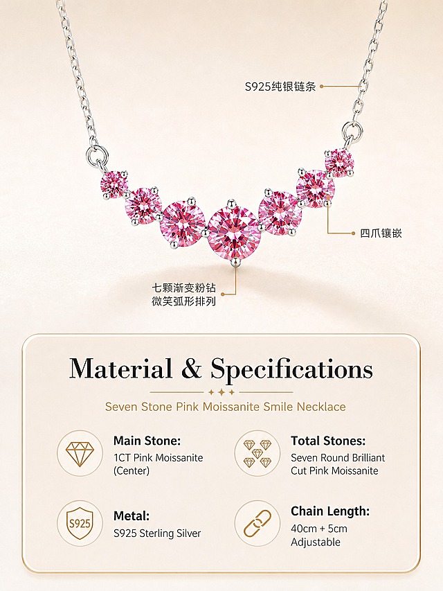 [商品] 使用【图1】S925纯银七颗粉莫桑钻微笑项链；保留七颗渐变大小圆形粉色莫桑石、微笑弧形排列、S925纯银链条、四爪镶嵌、链节形态和整体银色金属质感；增强粉莫桑钻火彩与切面闪耀感，提升金属表面洁净度与光泽，清除灰尘和指纹，保持商品结构与比例完全一致，粉钻颜色保持原图粉红色调。
[画面] 页面目标：七颗粉莫桑钻微笑项链材质与尺寸说明页，清晰展示产品核心规格。上图下文竖版布局，上方产品特写占画面55%，微笑弧形项链居中偏上放置，突出七颗渐变粉钻的精致闪耀细节，背景为浅米色渐变；下方信息卡占40%，包含材质、石数、主石克拉、链长四大核心参数，配简约图标和引线标注。
[视觉] 套系策略：风格=跨境轻奢极简珠宝商业摄影；标题字=优雅衬线粗体；正文字=简洁无衬线体；主色=米白金+柔粉点缀；背景延展=基于米白和香槟金做深浅层级、同色渐变和细腻哑光纸张质感；强调色=香槟金，仅用于小面积图标、引线和装饰线条；标题色=深炭灰；正文色=中暖灰；组件=圆角浅金信息卡、细金线引线、钻石小图标；光影=左前侧柔光，金属与宝石高光清晰，粉莫桑钻颜色饱和通透不偏色。
[文字] 下方信息卡顶部主标题"Material & Specifications"，副标题"Seven Stone Pink Moissanite Smile Necklace"；四个信息点：① Main Stone: 1CT Pink Moissanite (Center) ② Total Stones: Seven Round Brilliant Cut Pink Moissanite ③ Metal: S925 Sterling Silver ④ Chain Length: 40cm + 5cm Adjustable；文字全部横向排版，层级清晰，不遮挡产品主体。
[规格] 图片比例3:4竖版，900x1200像素，4K分辨率，避免变形、错字、文字过小、冷蓝/冷灰背景、粉钻颜色改变（变浅/变紫/变橙）、金属质感失真、链条结构错乱、七颗钻数量或排列改变。