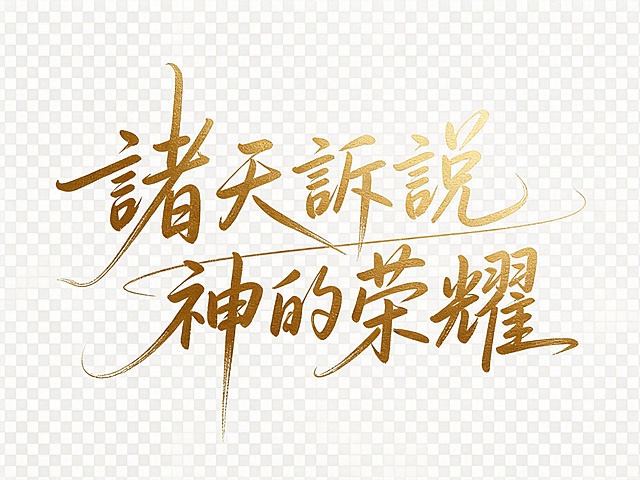 去除图片中“說”字后面的两个感叹号，保留繁体文字“諸天訴說神的榮耀”，保持金色烫金手写书法字体风格不变，保持透明背景，保持文字排版和整体构图不变