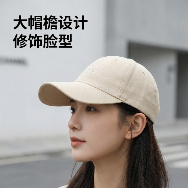 [主图3：帽檐特点展示] 米色软顶刺绣棒球帽，聚焦展示加大加宽帽檐设计，同一位亚洲女生佩戴侧面展示，浅灰色简约街景背景，自然抓拍姿态，高级松弛感，背景铺满全屏无边框。文字版式：左上角文案“大帽檐设计预览效果