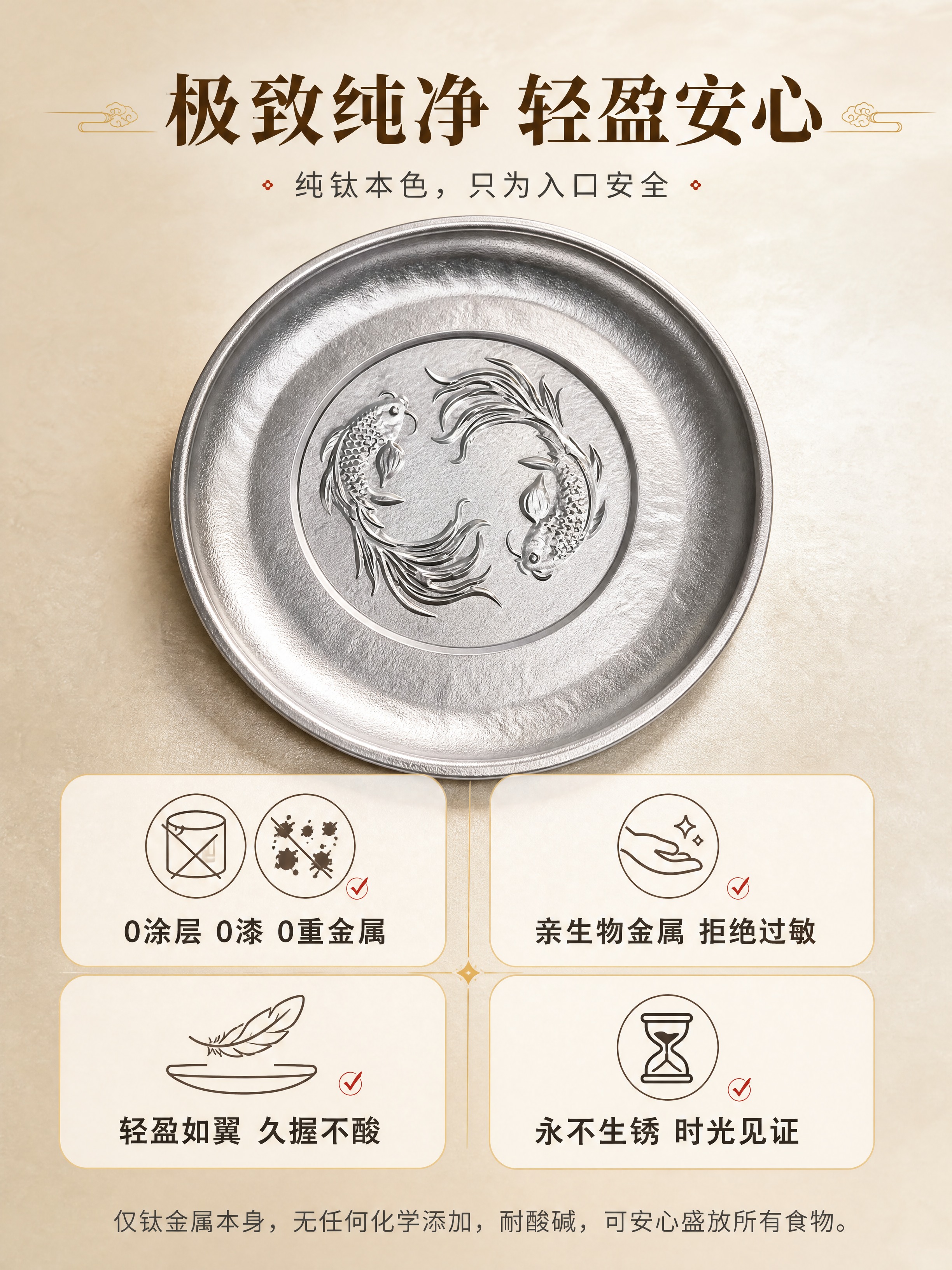 [商品] 使用【图1】纯钛双鲤浮雕圆盘；保留圆盘圆形结构、双鲤… - 图片创意预览