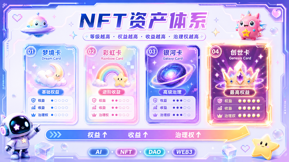 PPT NFT资产体系页面，列出四类卡片：Dream Card梦境卡、Rainbow Card彩虹卡、Galaxy Card银河卡、Genesis Card创世卡，说明等级越高权益越高收益越高治理权越预览效果