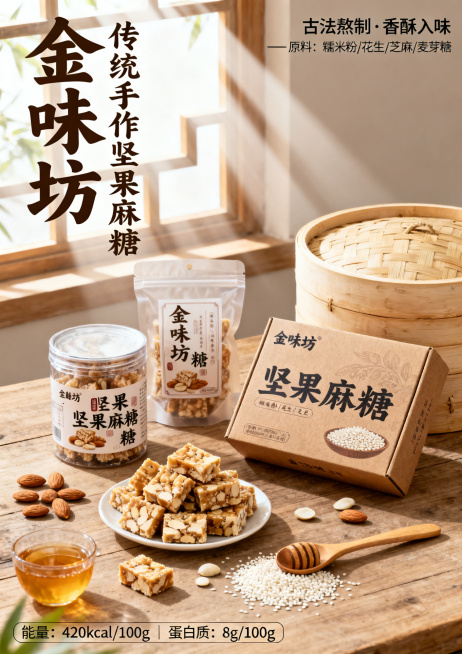 暖调中式复古美食海报，窗边柔和自然光，丁达尔光影，浅棕木质桌面，商业产品摄影，8K超清写实。主体是透明罐、自立袋、纸盒装坚果麻糖，散落切块麻糖、杏仁、白芝麻、蜂蜜、木勺、竹蒸笼。左上角品牌大字标题+副预览效果