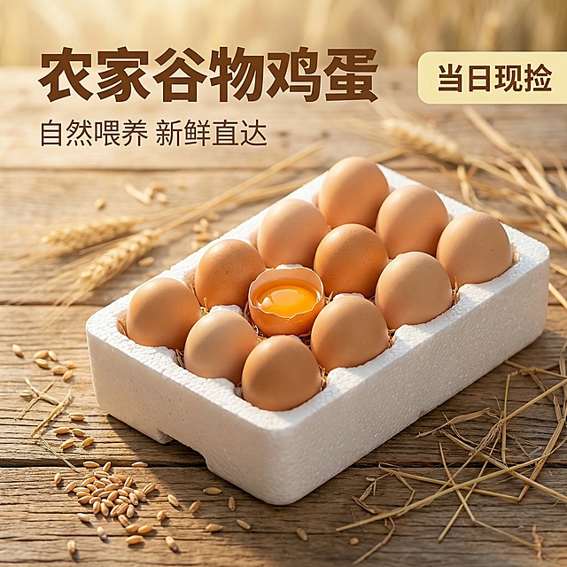 [垫图] https://gdesign-dam-hz.dancf.com/35978019116787818/60552e3e5b8242069568c7b828f1b1e0.png
[主图主题] 农家谷物鸡蛋首图
[氛围/风格] 田园整洁自然风，自然暖阳，新鲜原生态，干净通透
[画面元素] 泡沫托装的农家鸡蛋居中展示，其中一颗鸡蛋打开露出饱满橙黄蛋黄，背景融合乡村田园木质餐桌，散落着少许谷物稻草，柔和自然光洒在鸡蛋上，突出蛋黄油亮通透质感，背景全屏无边框，主体占比约60%
[配色色系] 主色调：原木浅米灰，辅助色：蛋黄暖橙，蛋壳浅棕，稻草浅黄
[视角构图] 平视45度拍摄，景深适中
[文字版式] 左上角主标题 "农家谷物鸡蛋" 粗体无衬线棕色字体，副标题 "自然喂养 新鲜直达" 小号浅棕色；右上角浅黄底深棕字标签 "当日现捡"，字体简洁；整体左文右图排版，文字悬浮背景不遮挡主体，预留安全边距
[比例分辨率] 2k分辨率
