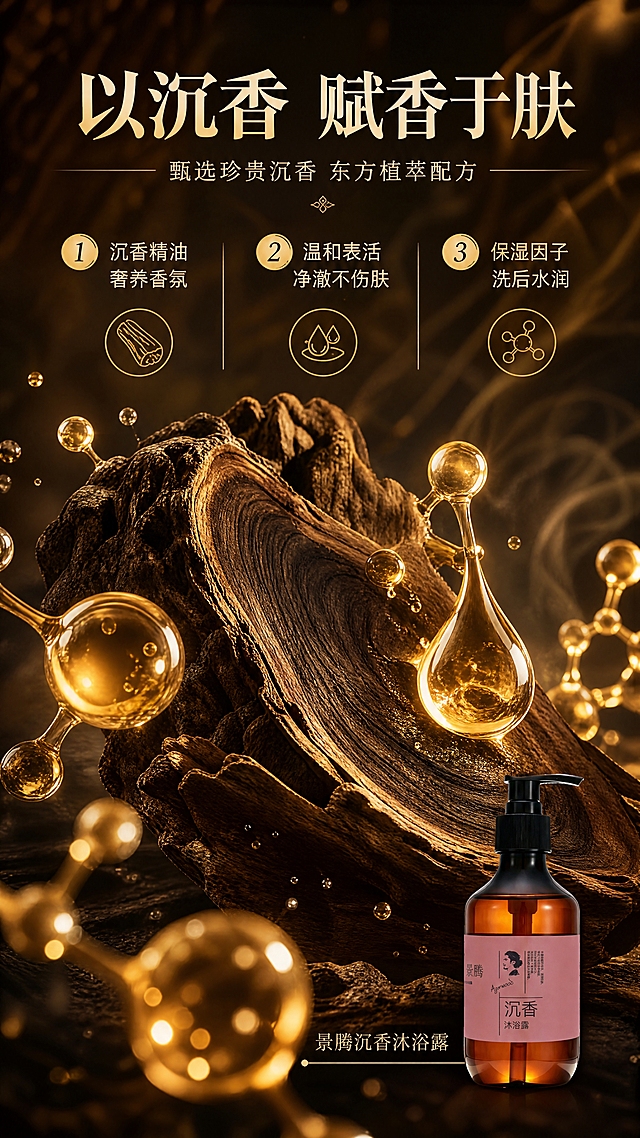 [商品] 使用【图1】景腾沉香沐浴露小图置于底部，作为成分页产品关联；瓶身原貌保留。
[画面] 目标：沉香原料与成分机理展示，强调东方植萃香氛价值。构图：画面主体为沉香木原料大图+金色精油分子/液滴3D效果，占画面约60%；沉香木横切面纹理清晰，精油液滴悬浮发光；上方大标题，中部3个编号成分卖点，底部小图产品露出。前中后景三层：前景金色分子粒子，中景沉香木+精油液滴，后景深棕暖光背景。
[视觉] 套系策略：风格=东方轻奢高端商业摄影，新中式香氛美学；标题字=宋体衬线粗体，东方雅致；正文字=简洁无衬线体；主色=沉香棕+暖金；背景延展=深棕木质纹理背景、暖光光束、烟雾缭绕；强调色=鎏金色，用于分子、液滴、编号高亮；标题色=暖金/米白；正文色=浅米白；组件=编号圆点、细线引线、成分图标；光影=侧逆光打亮沉香木纹理，精油液滴通透发光。
[文字] 顶部主标题"以沉香 赋香于肤"，副标题"甄选珍贵沉香 东方植萃配方"；中部3个编号卖点："1.沉香精油 奢养香氛""2.温和表活 净澈不伤肤""3.保湿因子 洗后水润"；底部产品旁小字"景腾沉香沐浴露"；核心成分元素（沉香木、分子、液滴）放大占主画面50%以上；文字均为横排。
[规格] 图片比例9:16竖版，4K，负向提示：避免变形、错字、文字过小、冷蓝背景、医疗功效、成分小图标点缀式呈现。