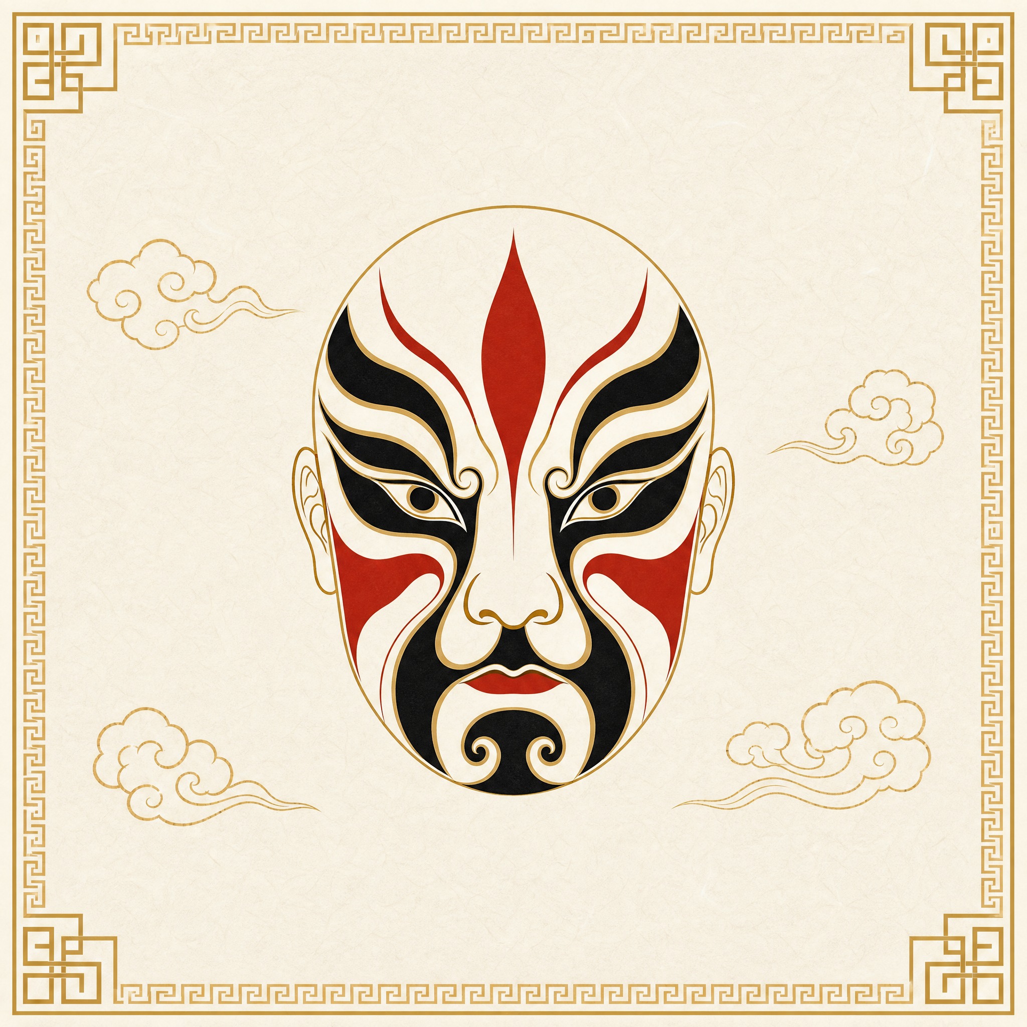 京剧脸谱文化包装平面设计图，极简风格，画面中央一个简约线条勾勒… - 图片创意预览