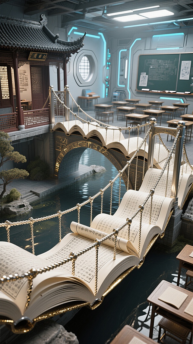 中式古典与未来科技交融，3D超现实主义设计，金属鎏金风书桥，营造梦幻学习空间。