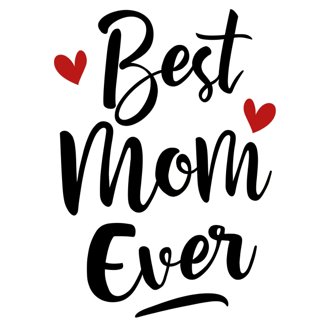 提取图片中杯子上的完整图案Best Mom Ever，将其平面化，去除杯子曲面效果，高清输出，保留黑色手写字体和红色爱心图案，纯白背景预览效果