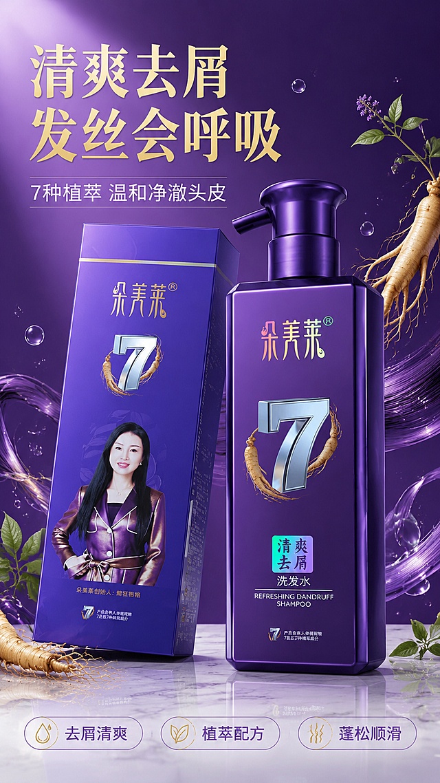 [第1屏] 详情页头图-朵美莱清爽去屑洗发水主视觉海报。本屏使用【图1】作为商品主体，瓶身与包装盒共同展示。
[氛围/风格] 高级紫调洗护氛围，商业摄影质感，清爽植物系，抖音快手竖版种草风。
[元素布局] 紫色洗发水方瓶置于画面中央偏右，占比约55%，包装盒在左侧斜靠；背景为深紫到浅紫渐变，飘散人参根须、植物叶片、水珠和轻盈发丝元素；底部是浅灰色大理石台面，有柔和反光；产品瓶身结构、颜色、Logo、7字标识、人参图案与输入图完全一致。
[光影质感] 左上方柔光主光，右侧辅光勾勒瓶身轮廓，瓶身紫色漆面有细腻高光，底部自然投影，整体通透高级。
[配色色系] 全局底色 #4A2C7A 深紫渐变；主色紫色系；辅助色金色、绿色植物、白色水珠。
[视角构图] 正面微仰视，产品为视觉中心，阅读动线左上标题→中央产品→底部卖点。
[文字版式] 左上主标题「清爽去屑 发丝会呼吸」，金色粗体大字；副标题「7种植萃 温和净澈头皮」，白色细体；底部3个胶囊卖点图标「去屑清爽」「植萃配方」「蓬松顺滑」；文字不遮挡产品主体。
[比例分辨率] 9:16竖版比例，4K分辨率，文字清晰可辨，高清画质。
[负向提示词] 瓶身变形，缺件错件，颜色偏差，水印，文字错乱，产品图模糊，背景杂乱，包装文字错误。