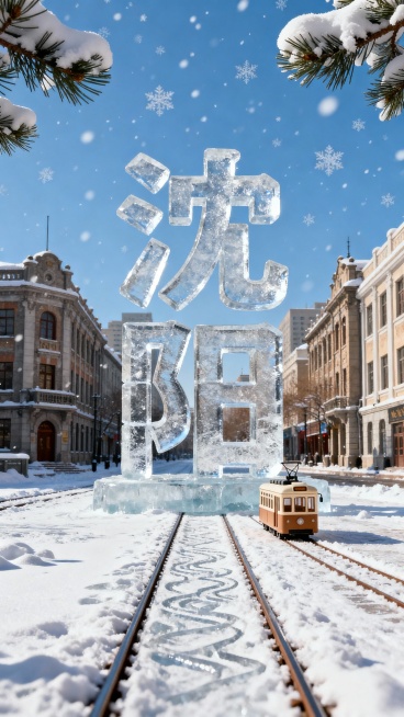 主视觉是银白渐变冰雕 “沈阳” 艺术字（竖版），冰面覆雪带有轨电车轨道纹理。背景是伪满欧式建筑群，地面延伸积雪轨道、迷你有轨电车，天空湛蓝飘雪，边缘缀雪雕松枝，银白 + 浅棕配色，兼具城市底蕴与冬日清预览效果