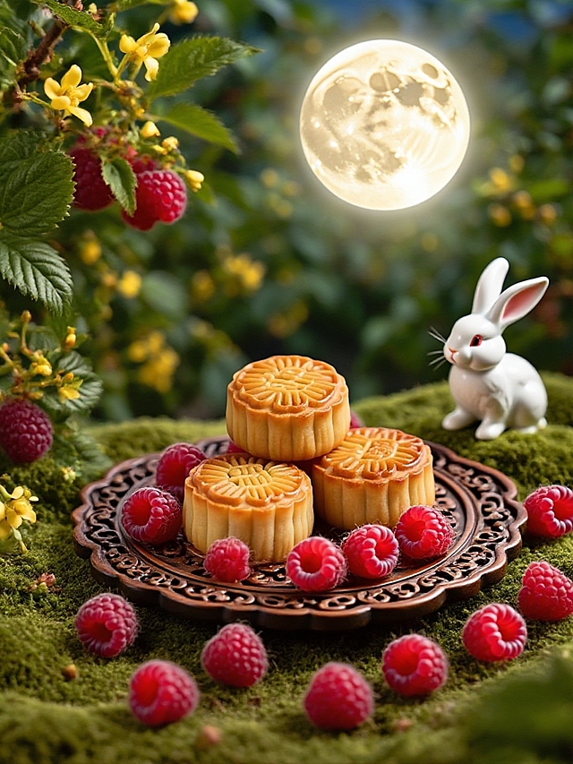 中式中秋意境，树莓果园为背景。两个月饼和一些树莓随意堆放在雕花托盘上，旁有桂花枝、兔子陶瓷摆件点缀，一轮圆月悬于天际，光线柔和，凸显传统节日雅致、温馨之感