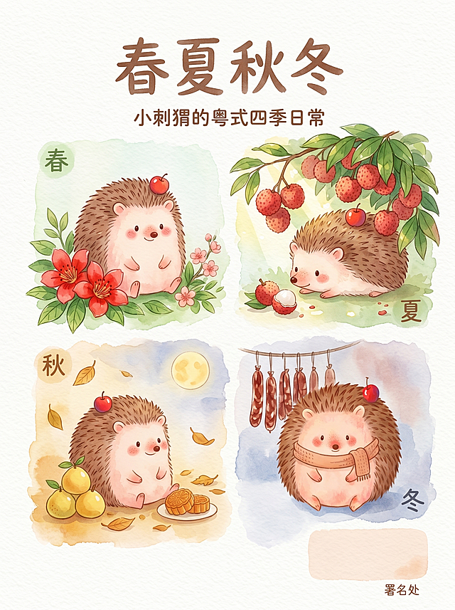 绘本封面设计，书名是"春夏秋冬"，主题是生活在广东的小刺猬的日常生活，体现春夏秋冬四个季节的变化，保留原图中小刺猬可爱水彩风格，画风和原图一致，整体设计简约，预留出署名的空白位置，符合广东季节特色