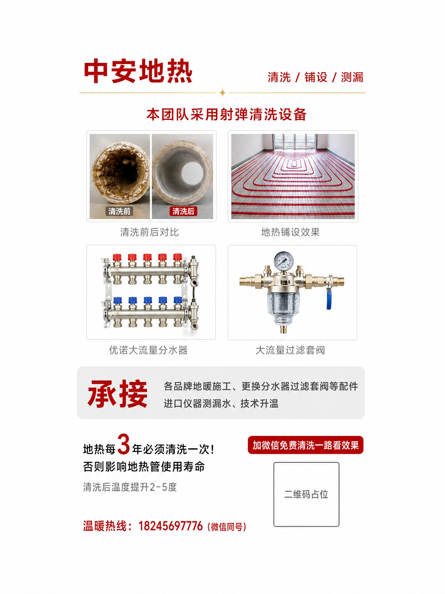 高端地热服务海报，竖版，明亮简约风格，纯白色干净背景，仅用红色… - 图片创意预览