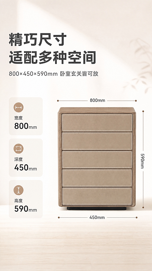 [商品] 使用【图1】DD-8828B五斗柜；保留原木色柜体、浅咖马鞍皮抽屉面、五层结构、黑色底架；产品旁添加尺寸标注线，展示长宽高比例，产品本身不变形。
[画面] 目标：空间尺度页，展示产品尺寸与小户型适配性。构图：左文右图，左侧文案+尺寸数据，右侧产品正视图带尺寸标注。主体位置：右侧居中，产品占画面约50%。摆放角度：正面视角，清晰展示整体轮廓。景别：中景。阅读动线：左→右。前中后景：前景产品+尺寸线，中景浅底，后景渐变光影。场景：极简亮调背景，突出产品与尺寸信息。
[视觉] 套系策略：风格=现代轻奢亮调商业摄影；标题字=现代无衬线粗体；正文字=简洁无衬线体；主色=暖白+浅木色；背景延展=基于暖白与浅木做深浅层级、同色渐变和细腻哑光质感；强调色=奶茶棕，仅用于小面积图标、引线和标签；标题色=深炭灰；正文色=中暖灰；组件=圆角浅底信息卡、细线引线、数字序号；光影=右前侧暖柔光，明亮通透。
[文字] 左侧主标题「精巧尺寸 适配多种空间」（10字），副标题「800×450×590mm 卧室玄关皆可放」（16字），下方3个尺寸标签：「宽度800mm」「深度450mm」「高度590mm」，右侧产品四周用细线标注长宽高尺寸数字，清晰易读。
[规格] 淘宝/天猫详情页，单屏比例9:16竖版，分辨率4K，负向提示：避免变形、错字、文字过小、冷蓝/蓝灰背景、产品颜色改变、结构失真、极限词。