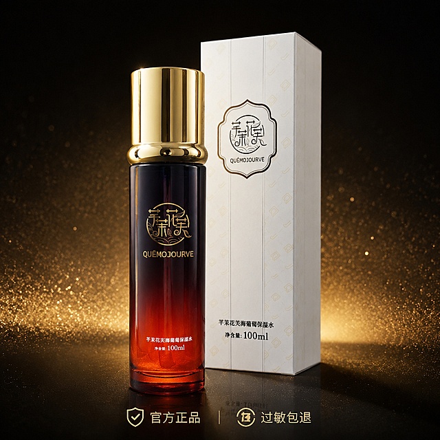 [主图-5] 产品全家福展示，呈现正装加包装盒完整套装。
[氛围风格] 高级礼盒感，大牌完整产品展示，奢华大气。
[画质] 商业摄影质感，清晰通透，质感高级。
[元素] 芊茉花芙海葡萄保湿水瓶身和外包装盒组合陈列，瓶身放在前方，包装盒45°斜立在后方，形成前后层次，背景是黑色带有金色细闪渐变，简洁高级。保持瓶身和包装盒外观、文字、颜色与输入图片绝对一致，杜绝变形色差，精细化处理产品细节。商品整体占比约70%，构图饱满不拥挤。
[光影] 环形柔光箱打光，整体光线均匀，突出瓶身通透和包装盒质感，背景金色细闪点缀光影，营造高级氛围感。
[配色] 黑金搭配金色细闪，延续高端大牌金色调性，奢华高级。
[视角构图] 45°斜侧俯视，前后层次分明，主体完整展示，无裁切。
[文字版式] 底部居中放置两行服务承诺图标文字：左侧"官方正品"，右侧"过敏包退"，图标加文字，浅金色小号字体，居中对齐，不遮挡产品主体。
[输出要求] 1:1 比例，文字清晰可辨，超高清商业摄影质感。
[负向提示词] 变形，文字错乱，产品不对称，背景杂乱，水印，平台Logo