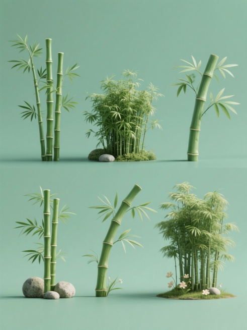 一张纯色背景的海报设计，包含6个完全不同形态的竹林元素系列素材集合，每个竹林元素均保持与原图一致的3D写实风格，拥有清晰的绿色竹节纹理、自然舒展的细长竹叶，光影表现为柔和均匀的环境光，无明显阴影，整体构图规整排布。每个竹林元素在形态上各具特色：有的是几株高大挺拔的竹子，竹叶向上生长；有的是一丛低矮丛生的幼竹，枝叶茂密；有的竹子微微倾斜，呈现出被风吹过的动态感；有的则是单株粗壮的竹子，竹节分明；……预览效果