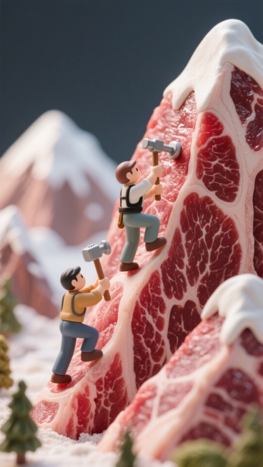 微缩摄影，两个小人在攀登和牛牛肉为例的雪山形状的和牛纹理的雪山，用登山锤钉在牛肉纹理山上预览效果