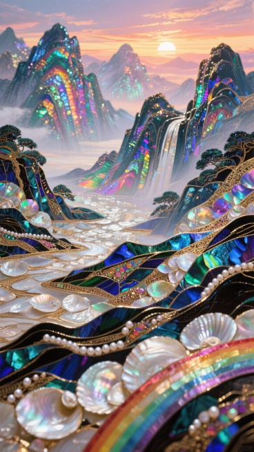 一幅精美的贝壳漆画，展示了中国的壮丽山河，晶莹剔透的镶嵌工艺为山川增添了绚丽的色彩，霓彩在夕阳下反射出彩虹般的光芒，融合了传统漆画与现代视觉效果，丰富的质感和光泽，宏大的规模，庆祝国庆节，超现实主义，预览效果
