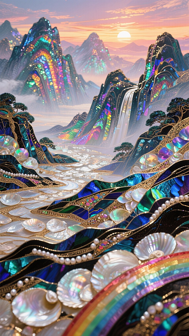一幅贝壳漆画展示了中国的壮丽山河，镶嵌工艺为山川增添了绚丽的色彩，霓彩在夕阳下反射出彩虹般的光芒，宏大的规模，庆祝国庆节