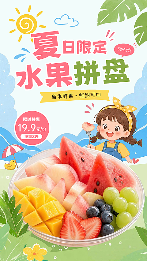 夏日卡通插画感水果拼盘果切促销手机海报