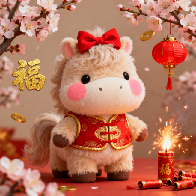 可爱风格马年贺图，软萌Q版小马形象，毛发蓬松圆润，脸颊带着粉扑扑的红晕，头顶系着红色蝴蝶结，身穿喜庆的红金配色小马甲，周围点缀着金色的福字、红色的小灯笼、燃烧的鞭炮和盛放的桃花，整体画面暖色调，氛围热预览效果