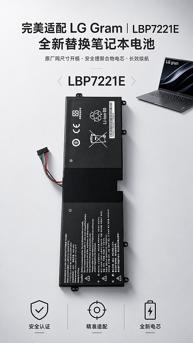 [第1屏] 详情页首屏主视觉海报，LBP7221E LG Gram替换笔记本电池宣传图。
[氛围/风格] 专业数码科技风，黑灰简约配色，商业产品摄影质感，画面干净高级，理性可靠。
[元素布局] 黑色电池主体【图1】居中平铺展示，占据画面约60%主体区域，保持电池黑色外观、印刷文字、接线端子、固定孔位的物理结构、材质质感、颜色与输入产品图一致。背景为浅灰渐变，右上角放置LG Gram笔记本整机渲染图，大字突出型号LBP7221E在电池主体上方。底部预留三个小图标位置，分别对应安全认证、精准适配、全新电芯。文字不遮挡电池主体。
[光影质感] 顶部柔和主光，左侧辅光提亮电池边缘，右下方形成自然柔和阴影，整体明暗层次清晰，产品印刷文字清晰可辨，质感真实。
[配色色系] 全局底色：#E9E9ED（浅灰渐变）；主体配色：#1A1A1A（电池黑色）+#FFFFFF（文字白色）；辅助色：#2D5BFF（装饰蓝色）+#333333（标题深灰）。
[视角构图] 正面平视视角，主体居中，右上角笔记本图点缀，顶部大标题，中部产品图，底部三个图标横向均匀排列，阅读动线从上到下清晰流畅。
[文字版式] 顶部大标题：主文案「完美适配 LG Gram | LBP7221E 全新替换笔记本电池」，大字居中展示；副文案「原厂同尺寸开模・安全锂聚合物电芯・长效续航」放在主标题下方，字号约为主标题的三分之一；底部三个小图标分别标注「安全认证」「精准适配」「全新电芯」，图标简约线条风，横向排列，每个图标配文字说明，不遮挡主体。
[比例分辨率] 9:16 竖版比例，4K分辨率，文字清晰可辨，超高清。
[负向提示词] 电池变形，结构错误，颜色偏差，文字错乱，水印，产品模糊，背景杂乱，缺件错件，包装文字错乱