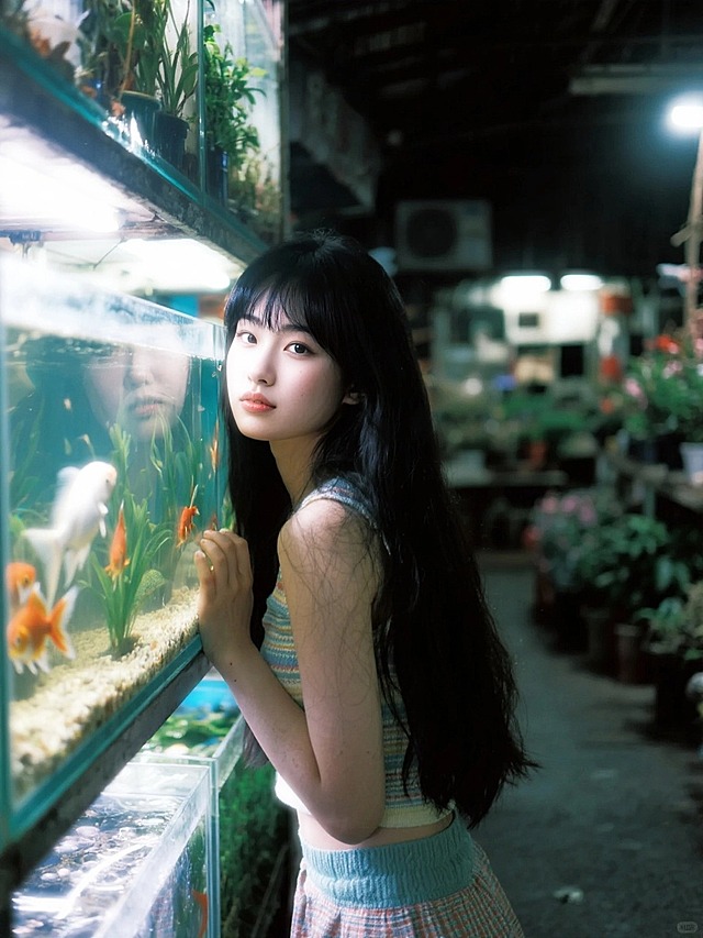 千禧年少女穿搭。暗调的老式花鸟市场，靠在巨型鱼缸边。