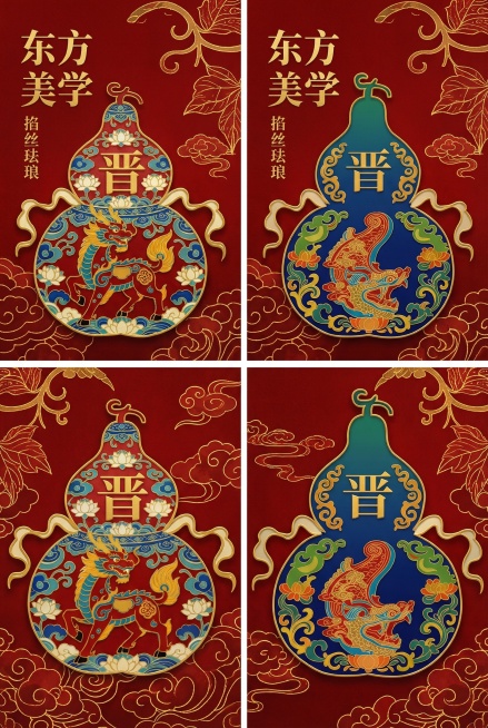 竖版海报，将图一中两个葫芦，参考图二的风格，改为传统掐丝珐琅工艺，红底描金缠枝纹样，每个葫芦单独做一张海报，整体风格为东方美学中国风，红色背景搭配金色勾边和传统纹样，保留葫芦原有麒麟和龙的图案主题，掐预览效果
