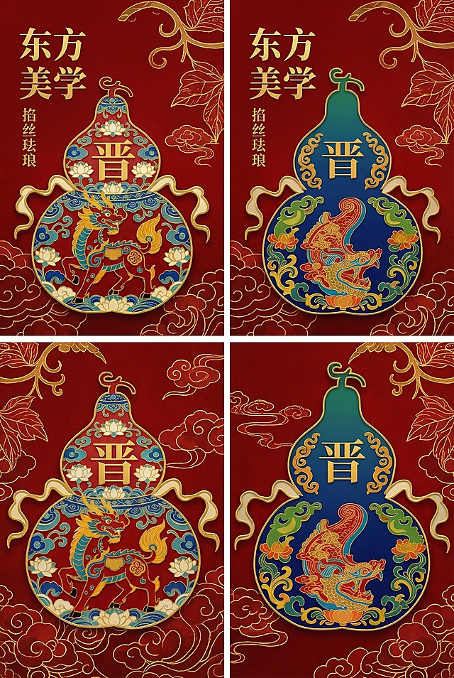 竖版海报，将图一中两个葫芦，参考图二的风格，改为传统掐丝珐琅工艺，红底描金缠枝纹样，每个葫芦单独做一张海报，整体风格为东方美学中国风，红色背景搭配金色勾边和传统纹样，保留葫芦原有麒麟和龙的图案主题，掐丝珐琅质感
