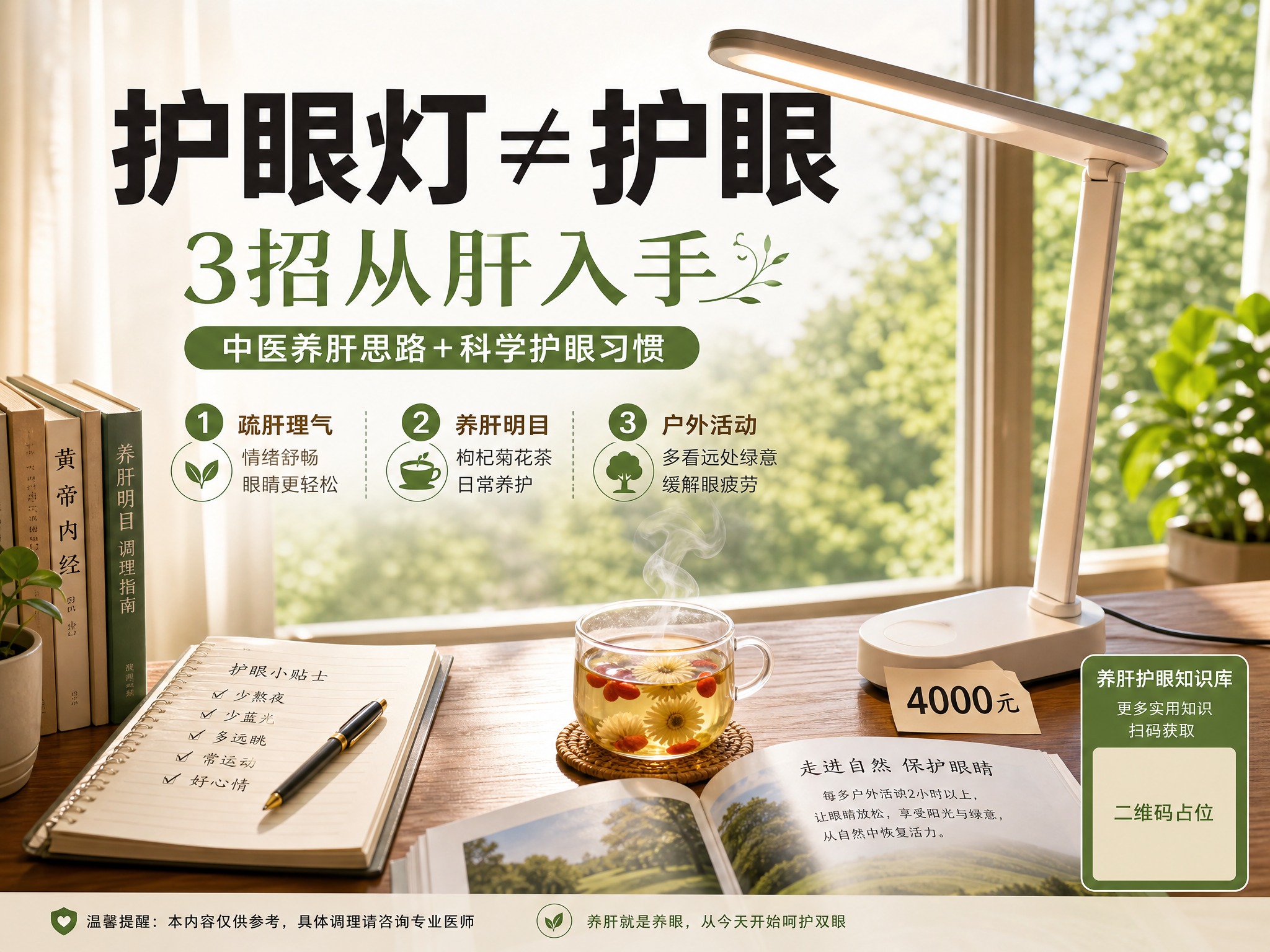 一张内容种草风格的海报，画面比例4:3。画面主体是一张木质书桌… - 图片创意预览