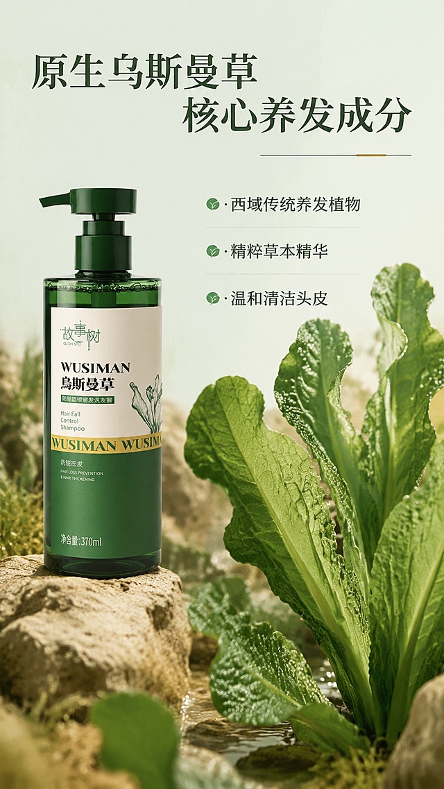 [第3屏] 乌斯曼草防脱固根密发洗发露成分解析。本屏使用【图1】作为商品展示。
[氛围/风格] 天然草本质感，实拍微距，西域自然原生态风格。
[元素布局] 左上放置产品图，占比35%；右侧和下半部分展示放大的新鲜乌斯曼草鲜叶微距特写，乌斯曼草元素占比超过50%，叶片纹理清晰可见，突出天然来源。
[光影质感] 侧自然光，叶片叶脉清晰有层次，产品光影柔和真实。
[配色色系] 全局底色 #EFF5E9；主色深绿，辅助色浅米，点缀浅棕。
[视角构图] 左产品右草本，左右分栏，阅读动线从上到下，从左到右。
[文字版式] 顶部主标题「原生乌斯曼草 核心养发成分」，下方分点介绍：「· 西域传统养发植物」「· 精粹草本精华」「· 温和清洁头皮」，字体统一，字重架构分明，行距舒适，不遮挡主体元素。
[比例分辨率] 9:16竖版比例，4K分辨率，文字清晰可辨，高清画质。
[负向提示词] 产品变形，文字错乱，模糊，背景杂乱
