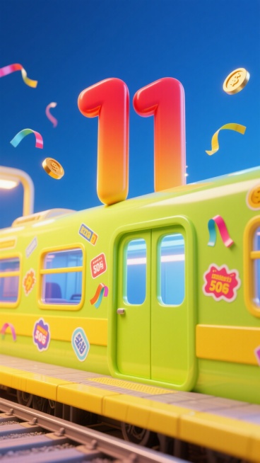 立体数字“11”（红橙渐变）立在荧光绿的车厢里的特写，车厢壁贴满写着促销信息的潮流贴纸，彩带和金币漂浮，视角为从黄色站台看向打开的车厢门，整体呈现黄色调+多彩的撞色配色方案，蓝色背景，促销氛围，辉光预览效果