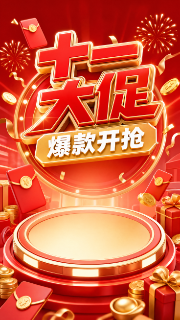 3D膨胀风风格，双11大促活动主视觉海报，配色采用红金撞色，热闹促销氛围。主标题：大字"十一大促"，红色立体字带金色描边，视觉冲击力强。副标题："爆款开抢"，金色背景白色文字。四周散落红包、金币、礼花预览效果