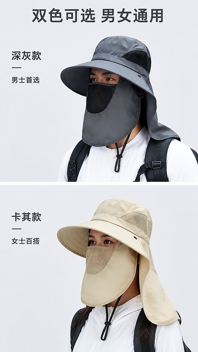 [第9屏] 深灰卡其双色对比展示，本屏使用【图1】【图12】分别展示两款颜色。
[氛围/风格] 产品展示风，浅纯净背景，清晰对比两款颜色差异。
[元素布局] 上下分屏，上方展示深灰款男士穿戴，下方展示卡其款女士穿戴，两款产品结构完全一致，仅颜色不同，保证结构和颜色与输入图一致。
[光影质感] 均匀柔和布光，两款产品亮度一致，颜色展示准确。
[配色色系] 浅灰背景，上方深灰产品，下方卡其产品，文字深灰色。
[视角构图] 上下构图，每部分都是中景穿戴展示，视觉平衡。
[文字版式] 顶部主标题「双色可选 男女通用」，上方标注「深灰款 男士首选」，下方标注「卡其款 女士百搭」，文字位置不遮挡产品主体。
[比例分辨率] 9:16 竖版比例，4K分辨率，文字清晰可辨，高清画质。
[负向提示词] 颜色偏差，结构变形，文字遮挡主体。
