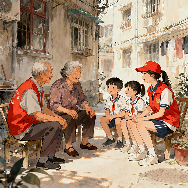 调研发现与行业痛点主题插画，志愿者走访社区，老人孩子居民围坐，温情叙事，生活化场景，柔和光影，治愈系国风，青春校园公益温暖风格，暖色调，高清细节