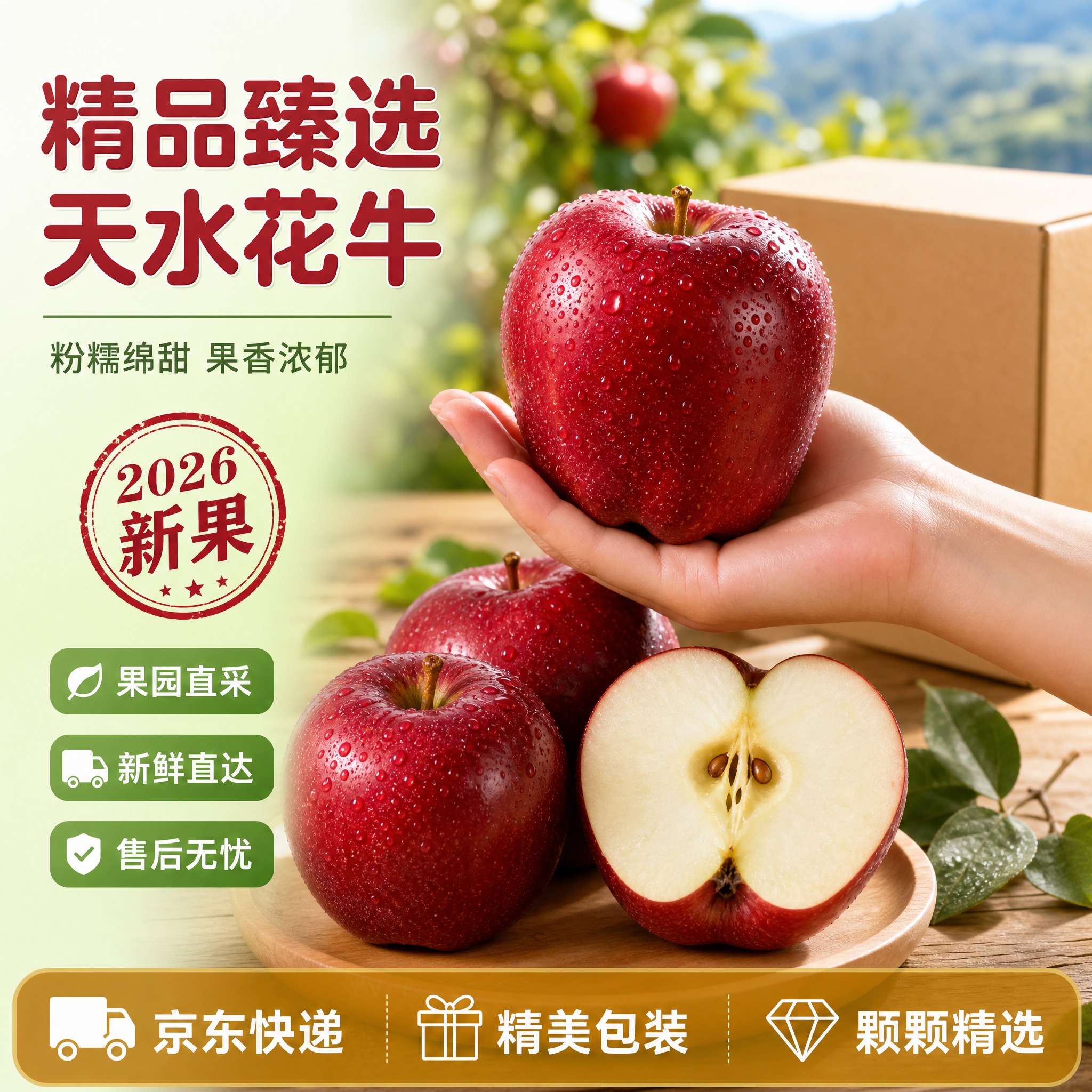 [主图-3] 版本3·手托+横切：天水花牛苹果精品主图，京东1… - 图片创意预览