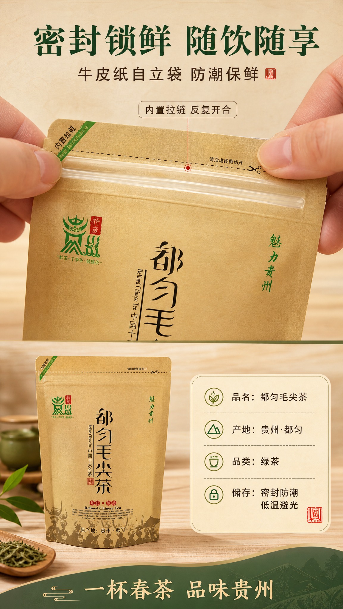 [商品] 使用【图1】都匀毛尖茶牛皮纸自立拉链袋包装；保留包装… - 图片创意预览