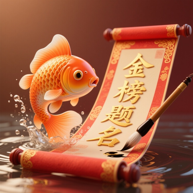 软3D风格，一条橙色渐变的金鱼跃出水面，鱼身鳞片有细腻的光泽感，大尾巴飘逸，旁边是一卷展开的红色卷轴，上面有金色的“金榜题名”四个大字，卷轴边缘有金色花纹，一支毛笔斜放在卷轴上，毛笔笔头沾有金色墨水，整体画面色彩温暖，光影柔和，充满喜庆氛围，构图饱满，细节精致，具有中国传统喜庆元素的装饰感。预览效果